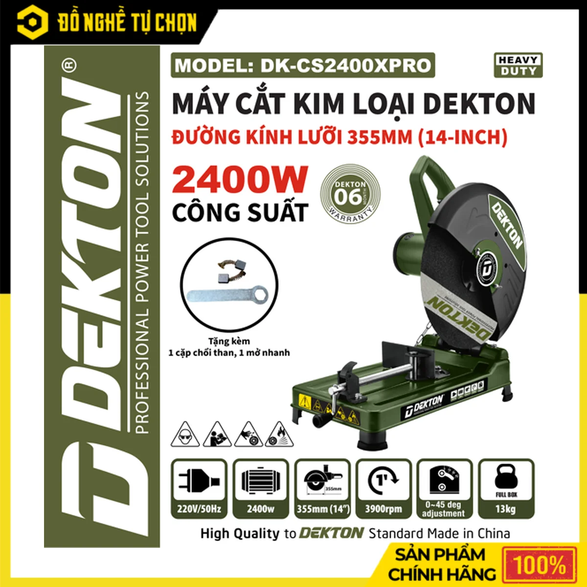 Máy Cắt Sắt 2400W Lưỡi 355mm Dekton DK-CS2400PRO – Motor 100% Dây Đồng, 3900RPM, Bảo Hành 6 Tháng | Hàng Chính Hãng, Có VAT